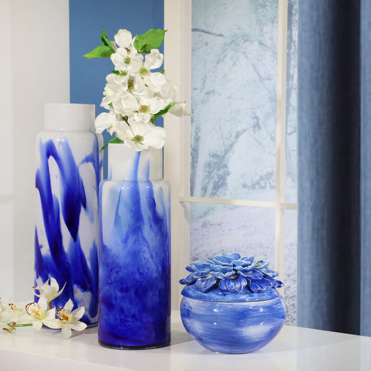 Coastal Modern White and Blue Glass Vase | 15.75-Inch Decor Accent