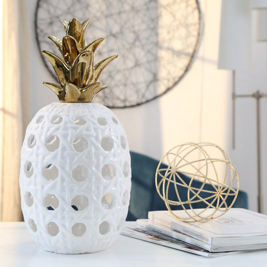 Island Elegance: 16" White & Gold Ceramic Lattice Weave Pineapple