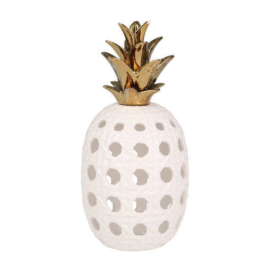 Island Elegance: 16" White & Gold Ceramic Lattice Weave Pineapple