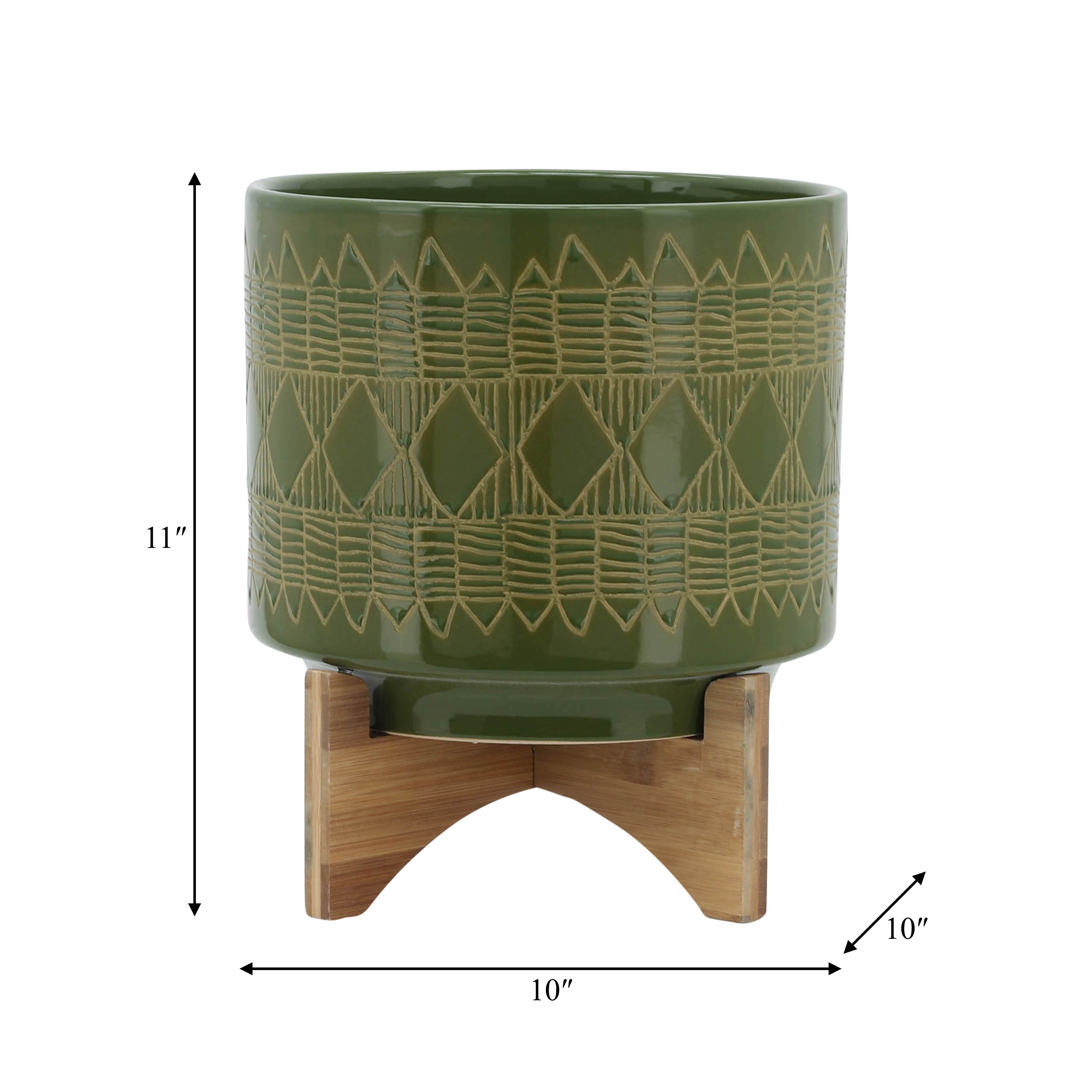 Ceramic 10" Aztec Planter On Wooden Stand, Olive