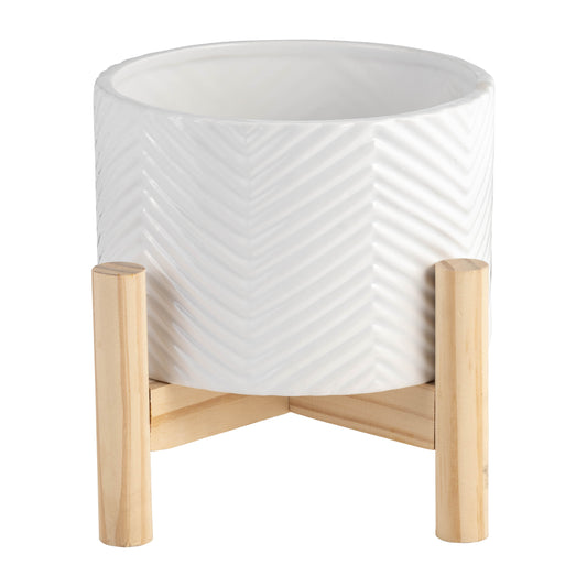 6" Ceramic Chevron Planter W/ Wood Stand, White