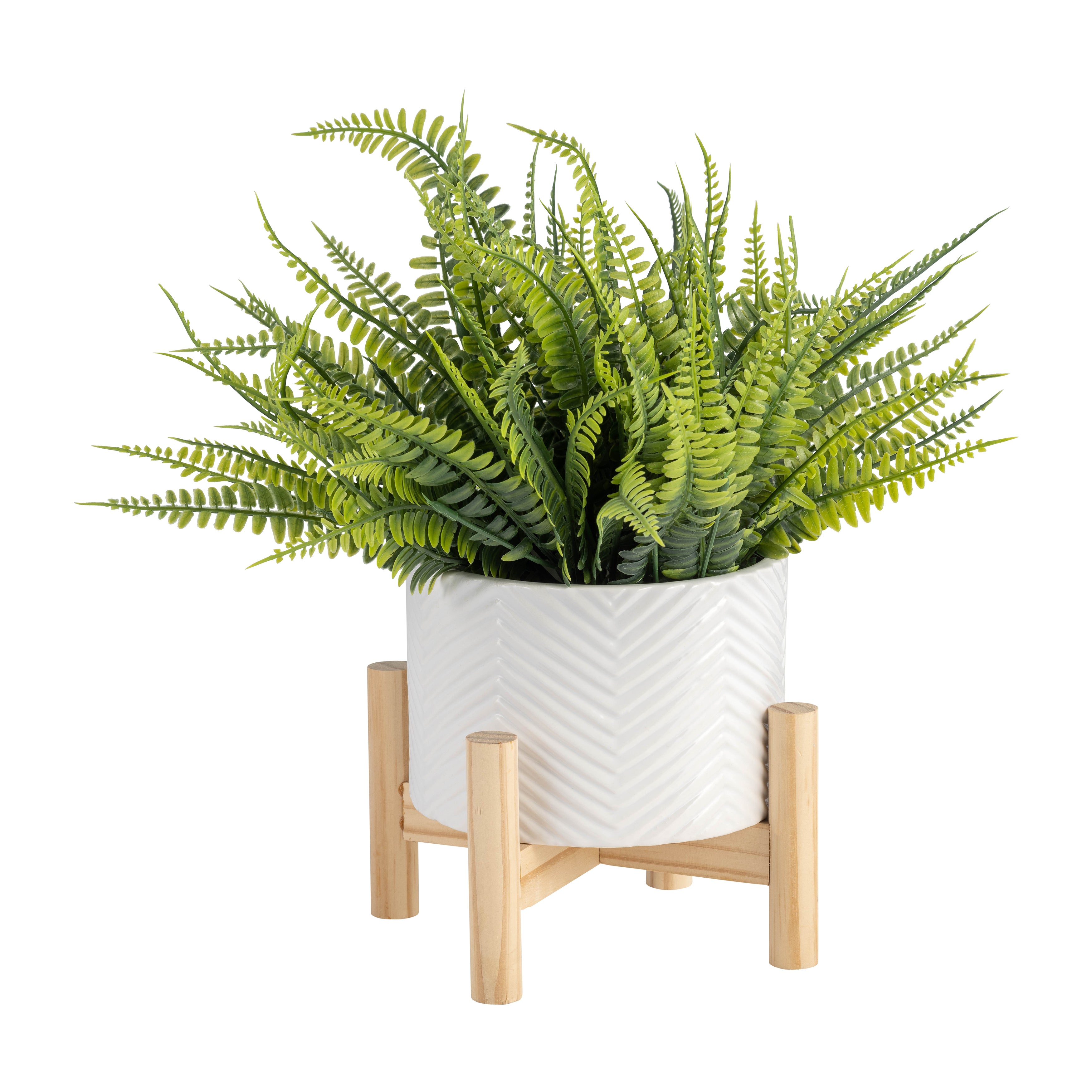 6" Ceramic Chevron Planter W/ Wood Stand, White