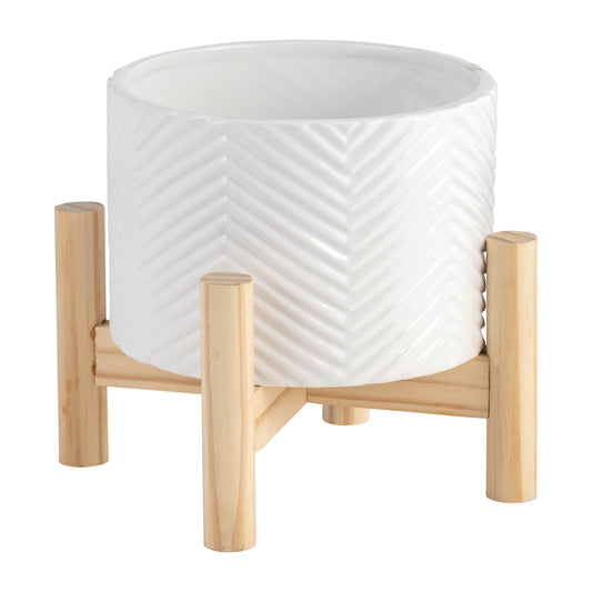 6" Ceramic Chevron Planter W/ Wood Stand, White