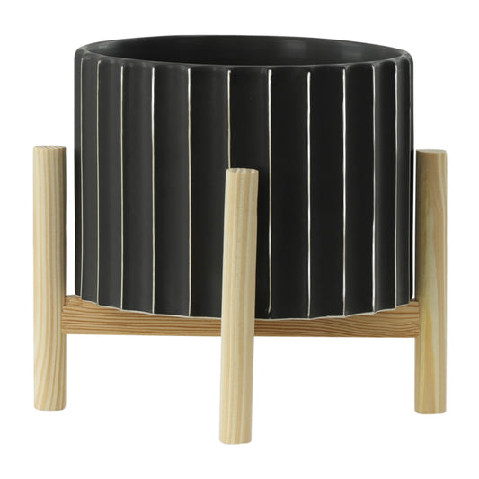 12" Ceramic Fluted Planter W/ Wood Stand, Black