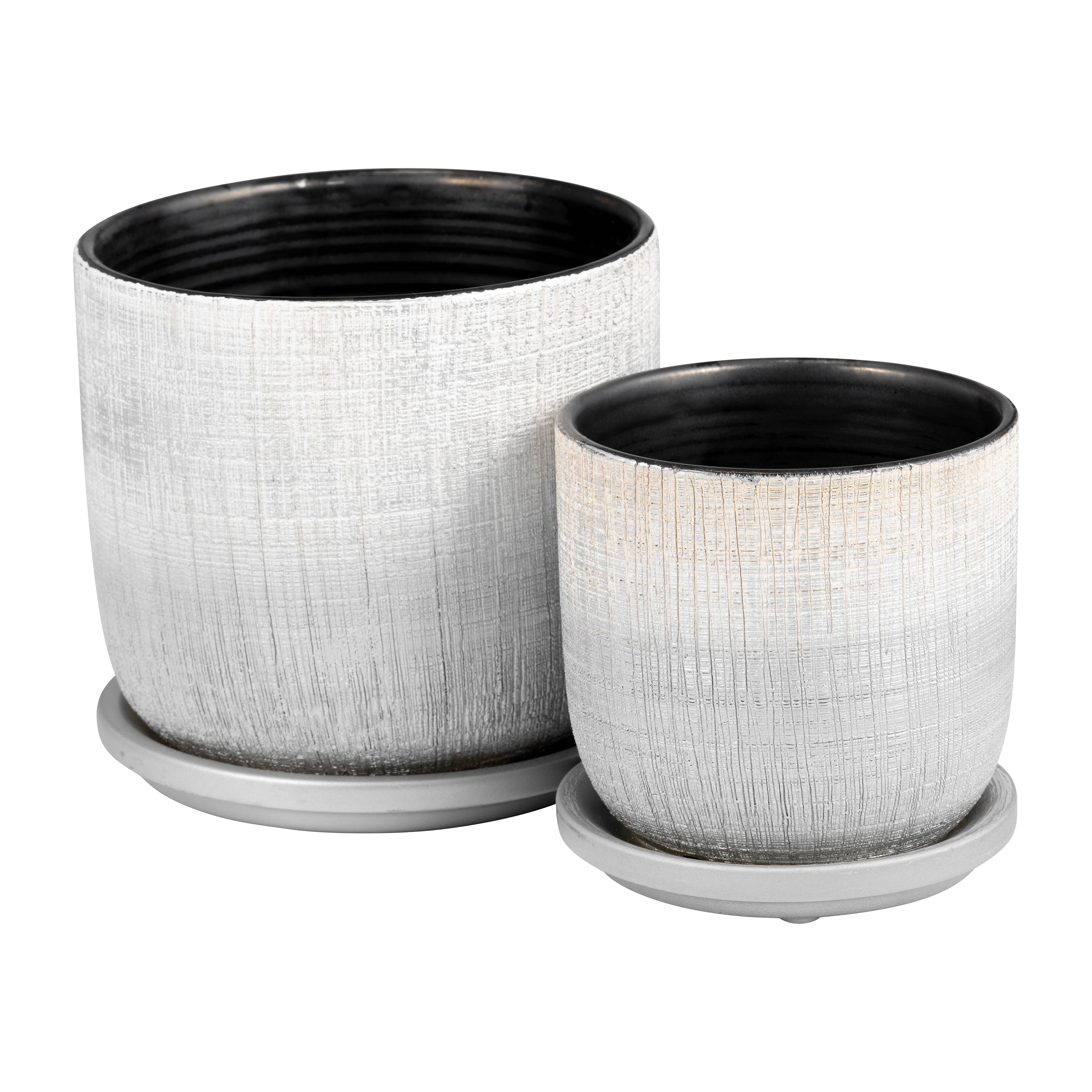 Reflective Radiance: Silver Textured Planters & Saucers - Set of 2