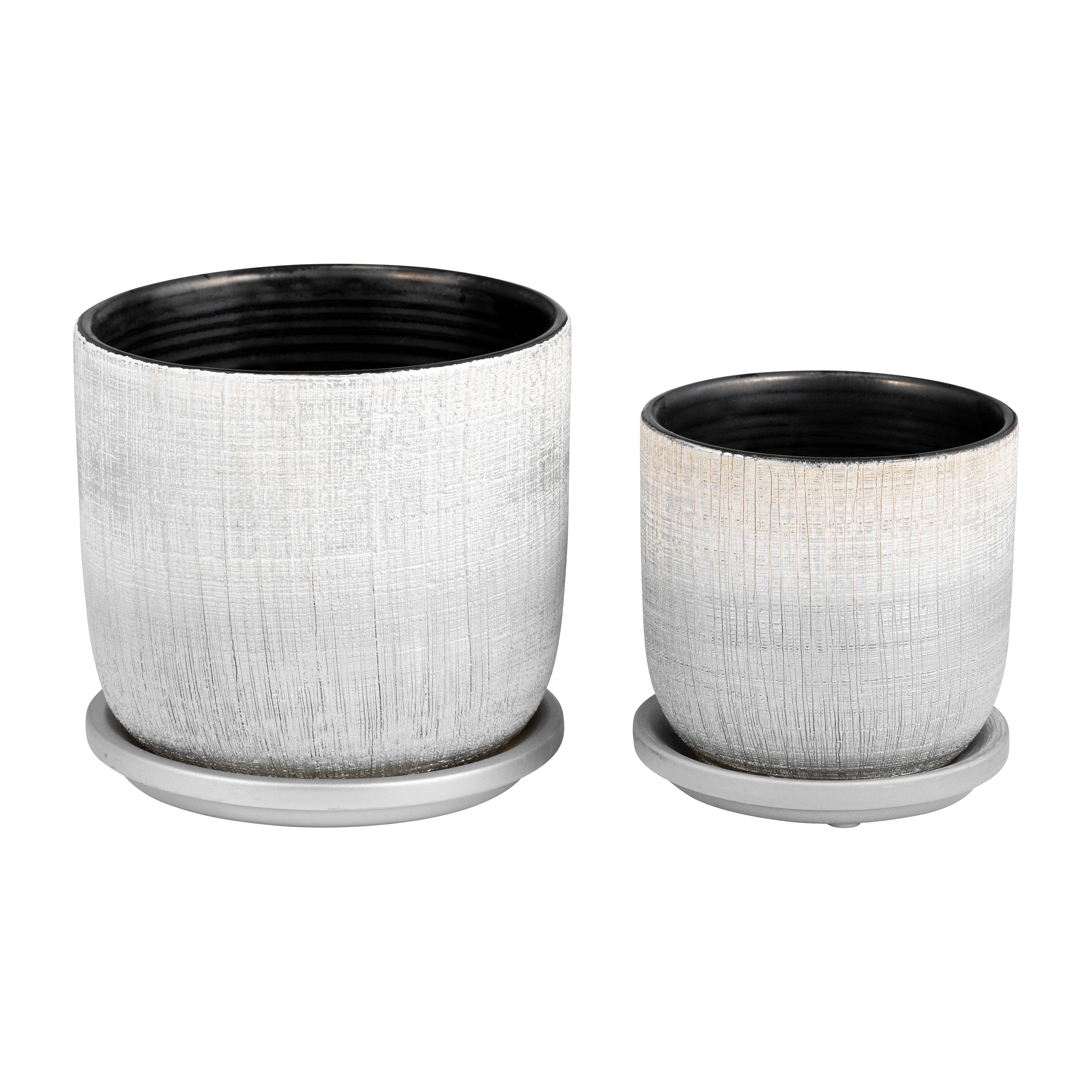 Reflective Radiance: Silver Textured Planters & Saucers - Set of 2