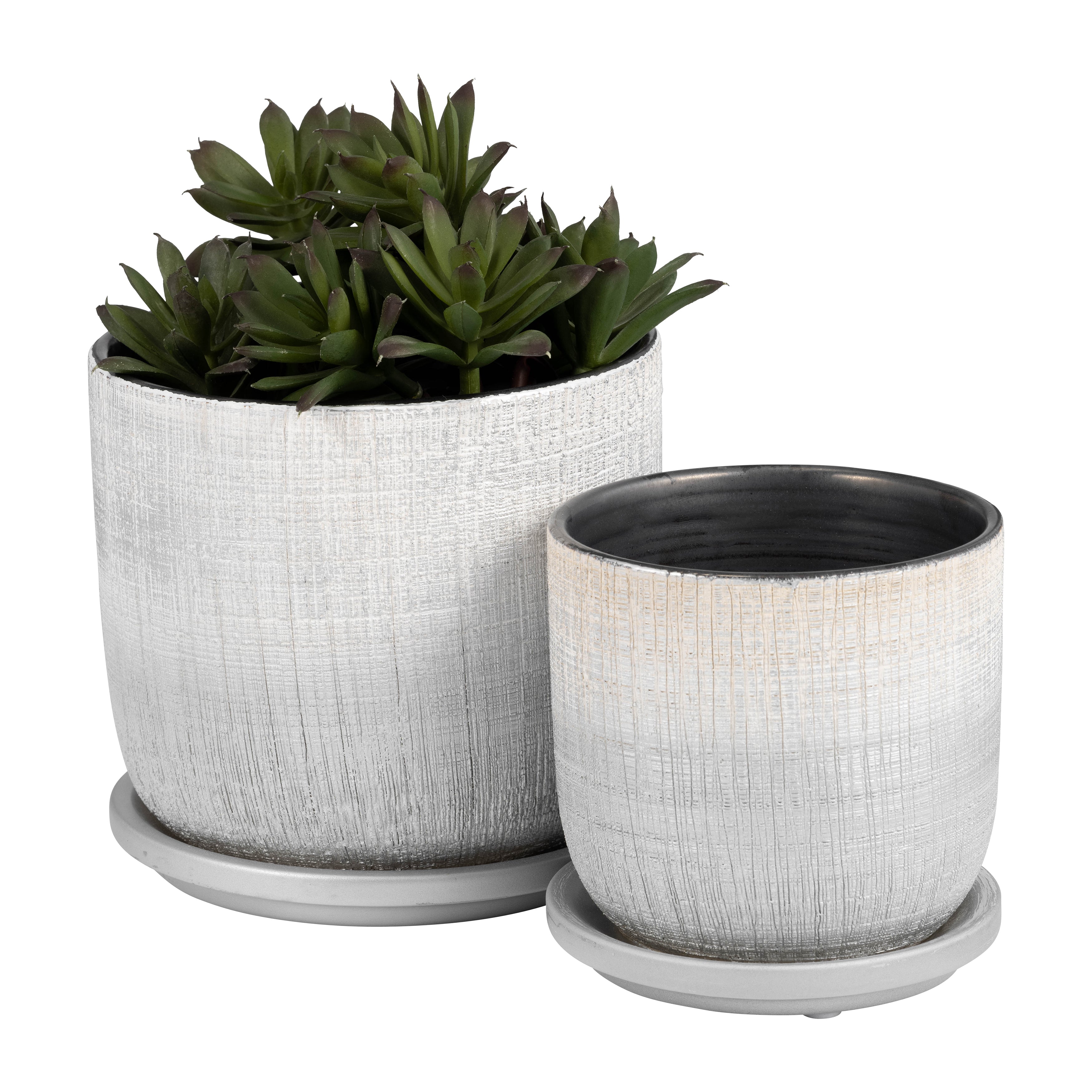 Reflective Radiance: Silver Textured Planters & Saucers - Set of 2