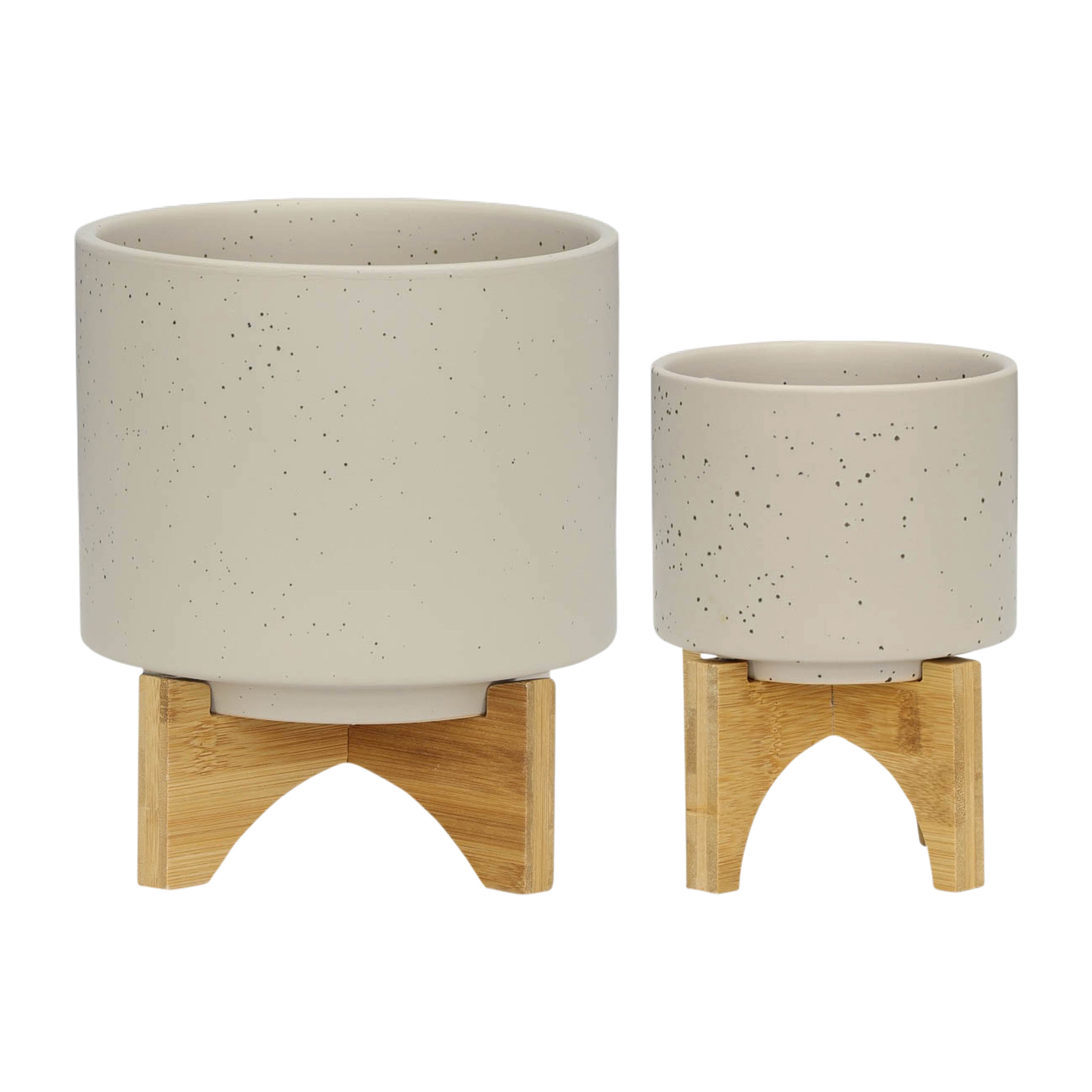 S/2 5/8" Planter W/ Wood Stand, Matte Beige