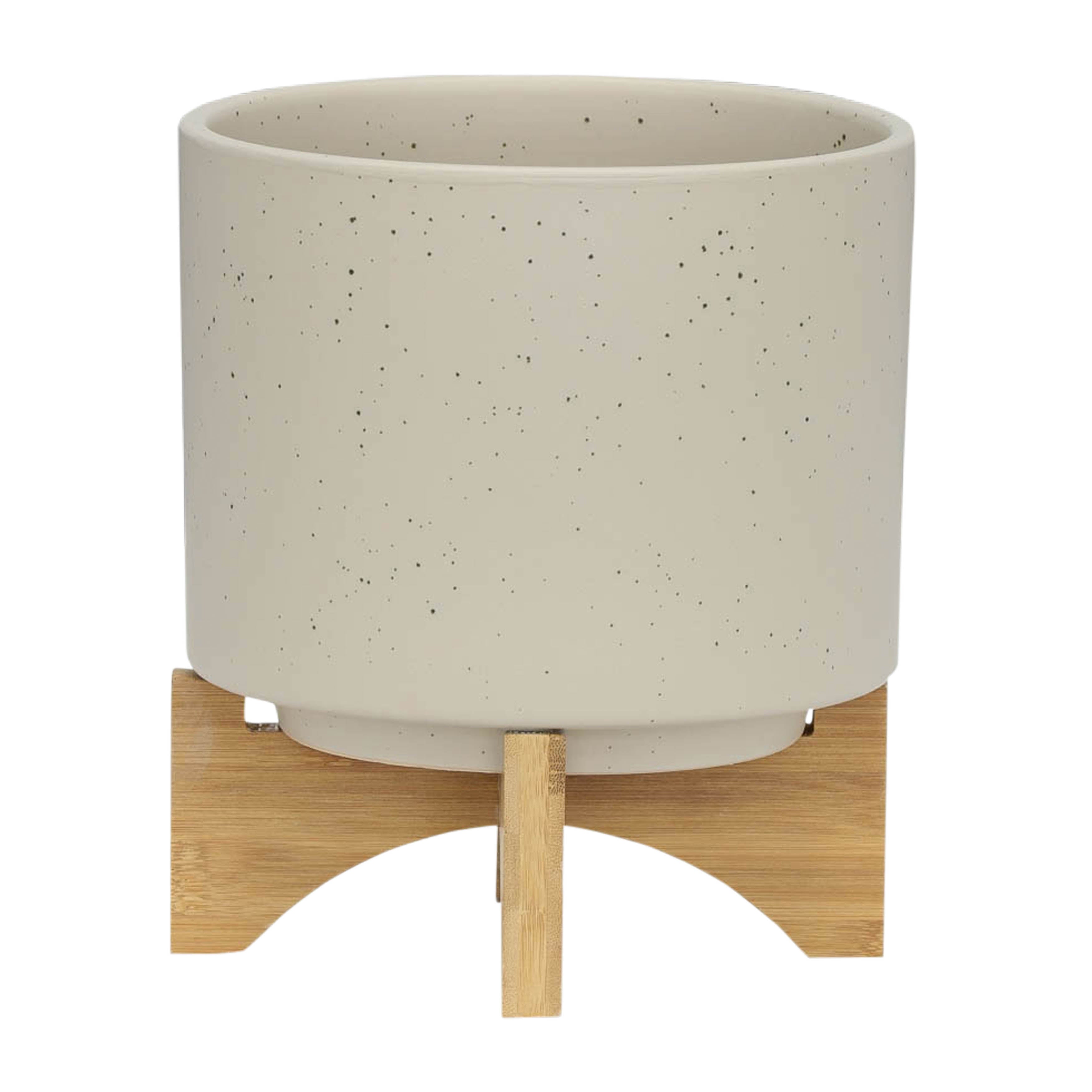 S/2 5/8" Planter W/ Wood Stand, Matte Beige