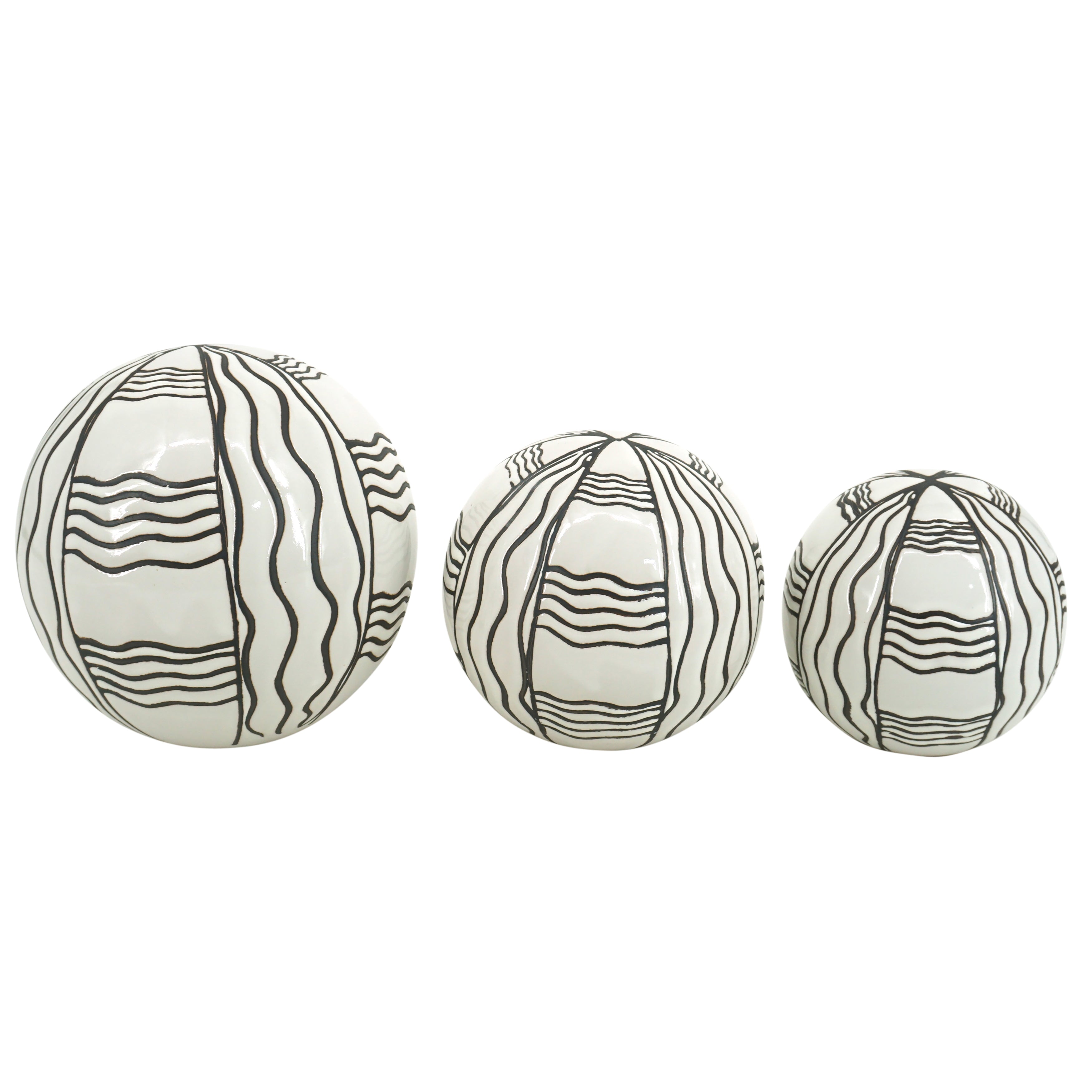 Trendy Home Accents: Set of 3 Black Ceramic Curvy Line Painted Orbs (4/5/6")