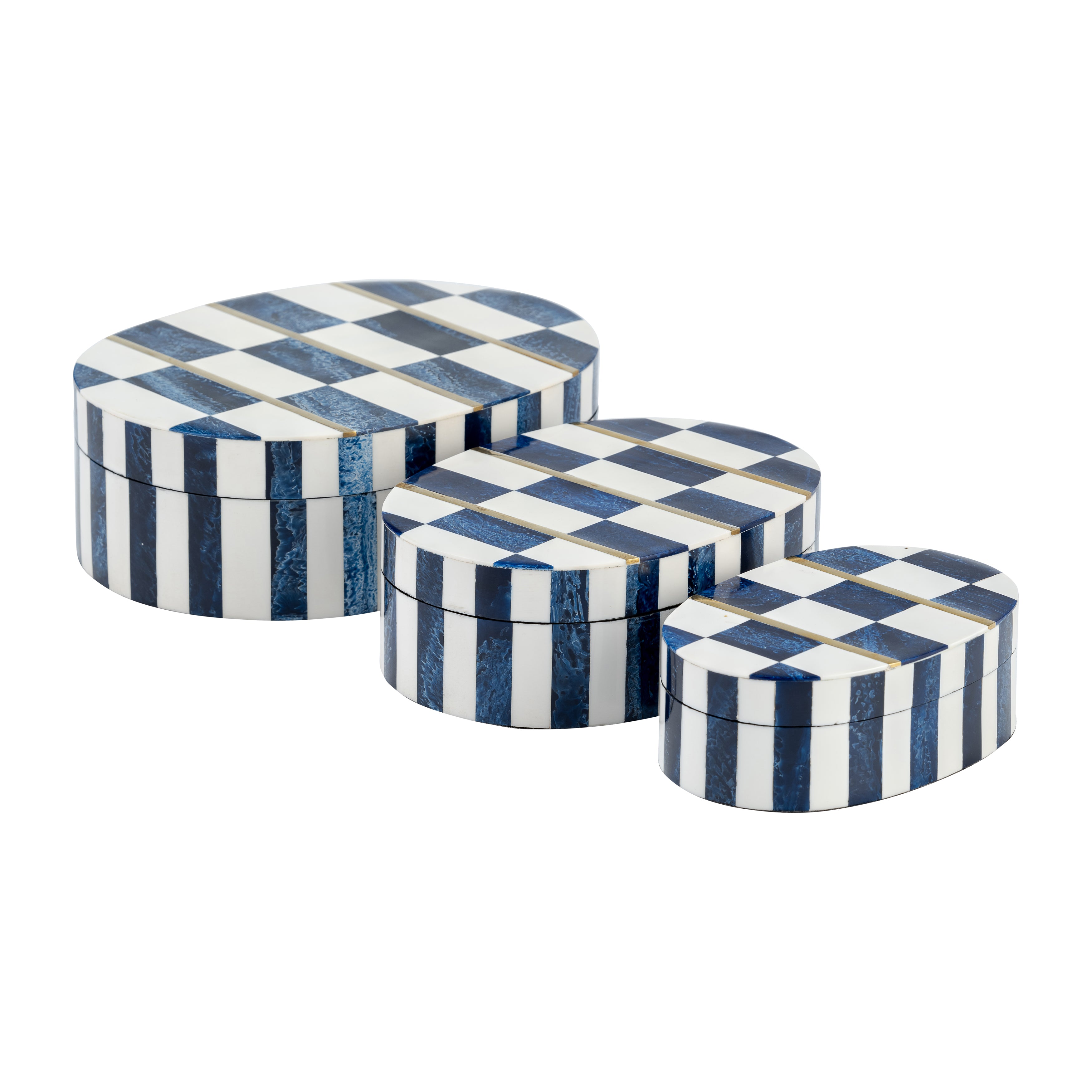 Harbor Checkered Classics: Set of 3 Oval Resin Boxes in White & Blue