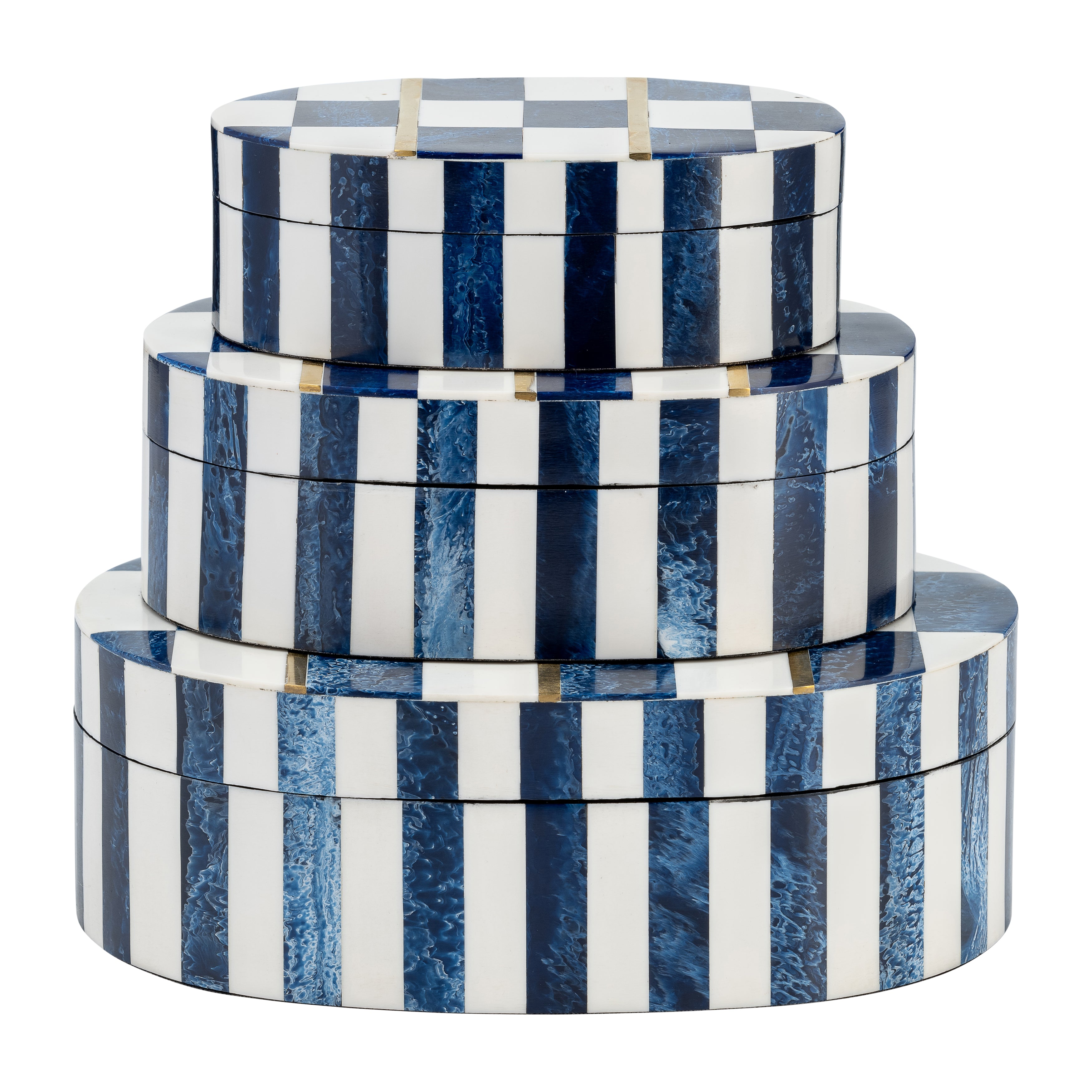 Harbor Checkered Classics: Set of 3 Oval Resin Boxes in White & Blue